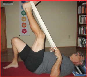 Working toward flexibility, lower leg knee can be bent and the knee of the top leg probably won't be straight. (that's OK)